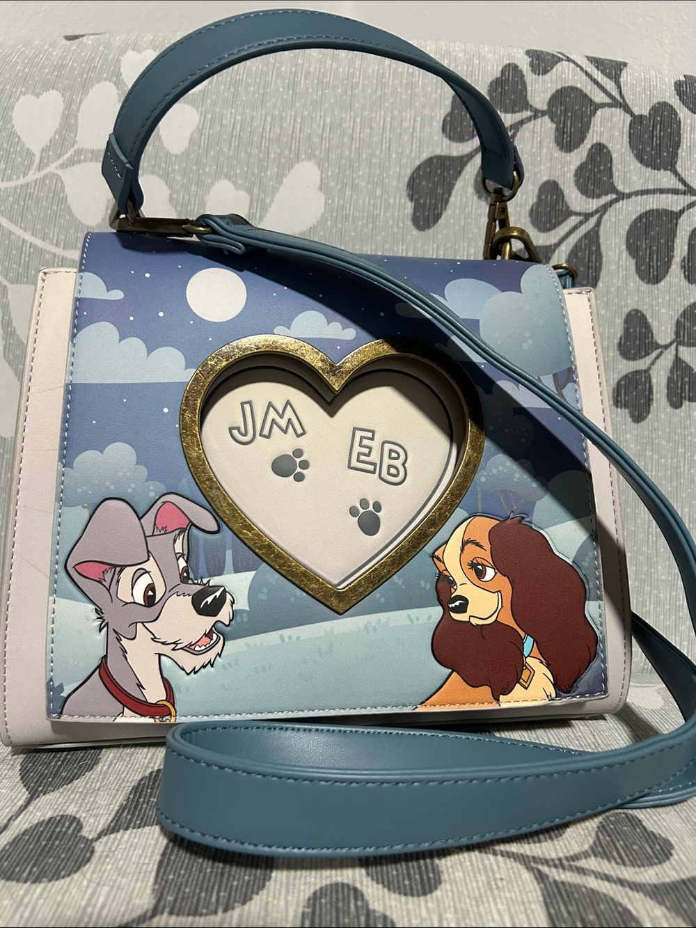 Loungefly Blue Lady and Tramp Heart Frame Satchel